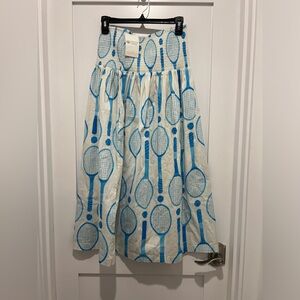 Blue Tennis Racket Print A-Line Skirt with Smocked Waist Holly Shae S/M